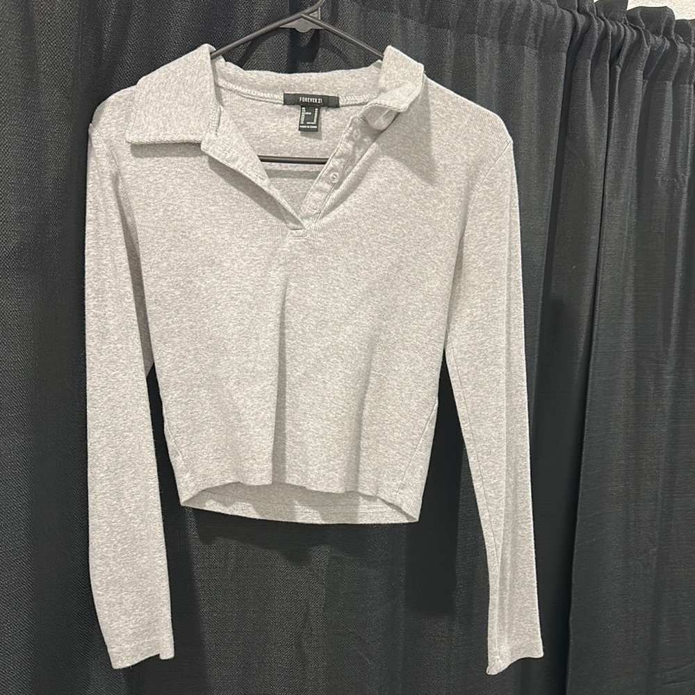 Gray Long Sleeve Polo Top